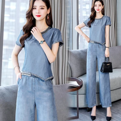 

Blue Denim Casual Suit Female Summer 2019 New Fashion Tops And Temperament OL Wide Leg Pants Elegant Two Piece Set