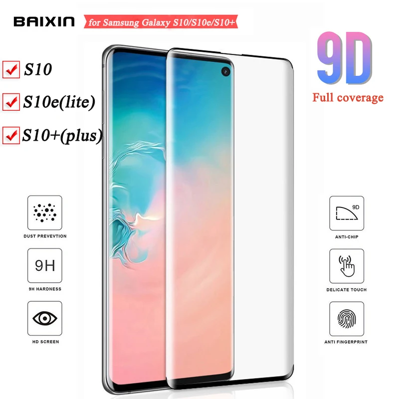 Baixin 9D Full Cover Glass on for Samsung Galaxy S10 plus S10e Screen Protector Curved Tempered Glass Film for S10 plus S10e