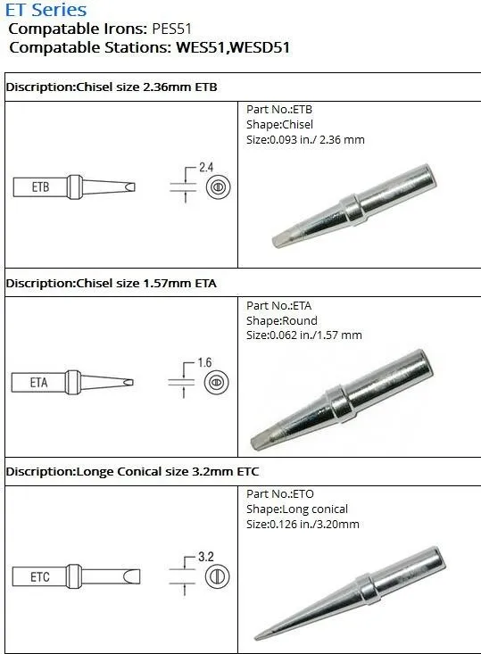 10 шт. наконечник паяльника WES51, WESD51, PES51 наконечник паяльной станции для Weller WES51 ETS, ETL, ETKN, ETT, ETU, ETR, ETA, ETB, ETD