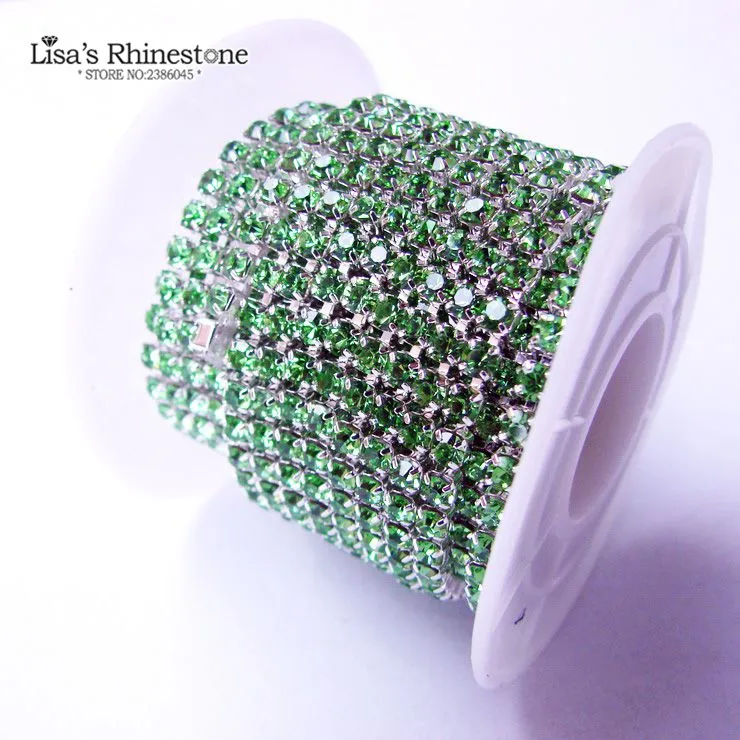 

1M Close Silver Base Light Green Crystal Glass SS6 SS12 Sew On Rhinestone Chain For DIY Beauty Accessory,Nail Art