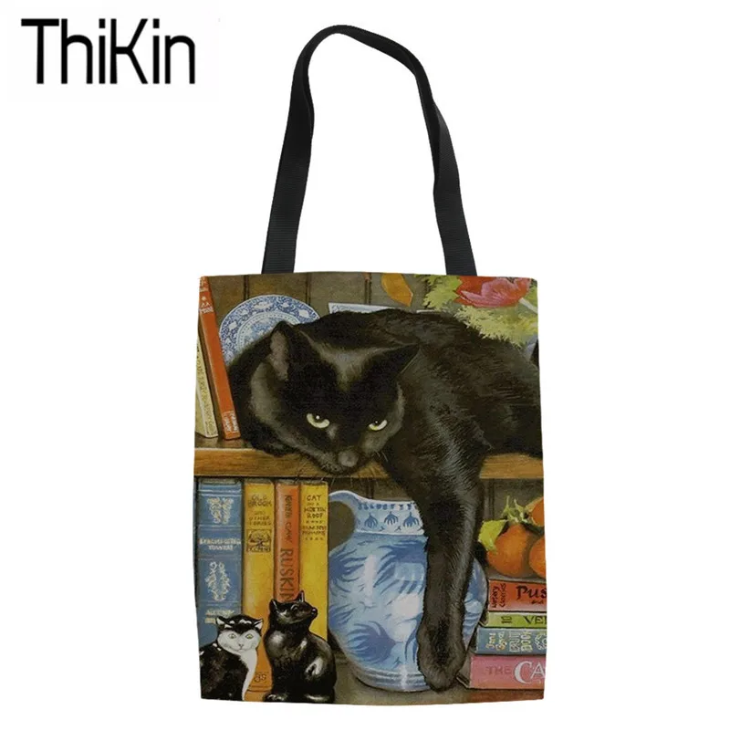 THIKIN сумки для покупок для женщин складная эко-сумка озорной книжная полка Cat Gatinhos Desenho печатных холст Tote Bolsa