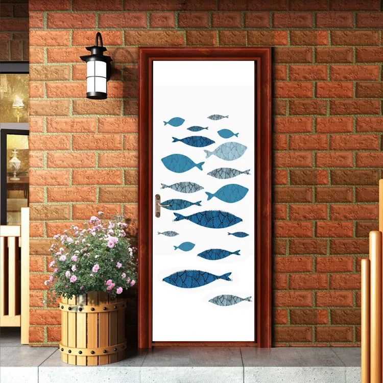 

Cartoon Blue Fishes Door Sticker 3D Wallpaper Bedroom Living Room Door Poster Mural PVC Self adhesive Home Decor Decal