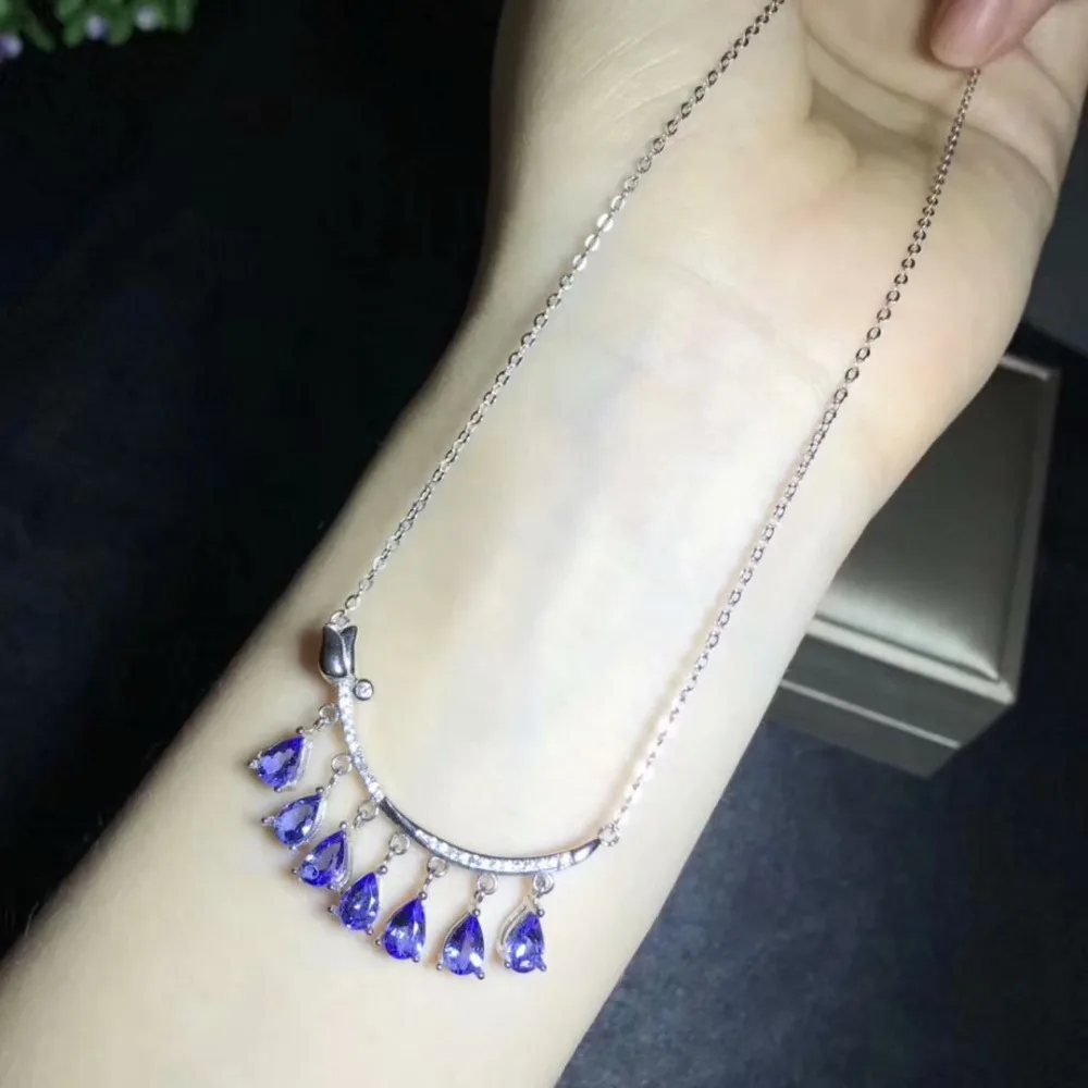 Натуральный голубой танзанит ожерелье S925 серебра, природных драгоценных камней Колье элегантный роскошный тюльпаны Нарядная, для девочек подарок ювелирные