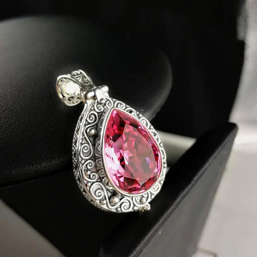 925 пробы, серебро, натуральный аметист, кристалл, подвеска, открывающаяся, Kwu коробка, форма капли, винтажный цветок, выгравированный кулон, подарок девушке - Цвет камня: Pink quartz