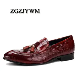 ZGZJYWM Новый дышащий черный/красный платье пояса из натуральной кожи Крокодил Стиль острый носок свадебные туфли в деловом стиле с кисточкой