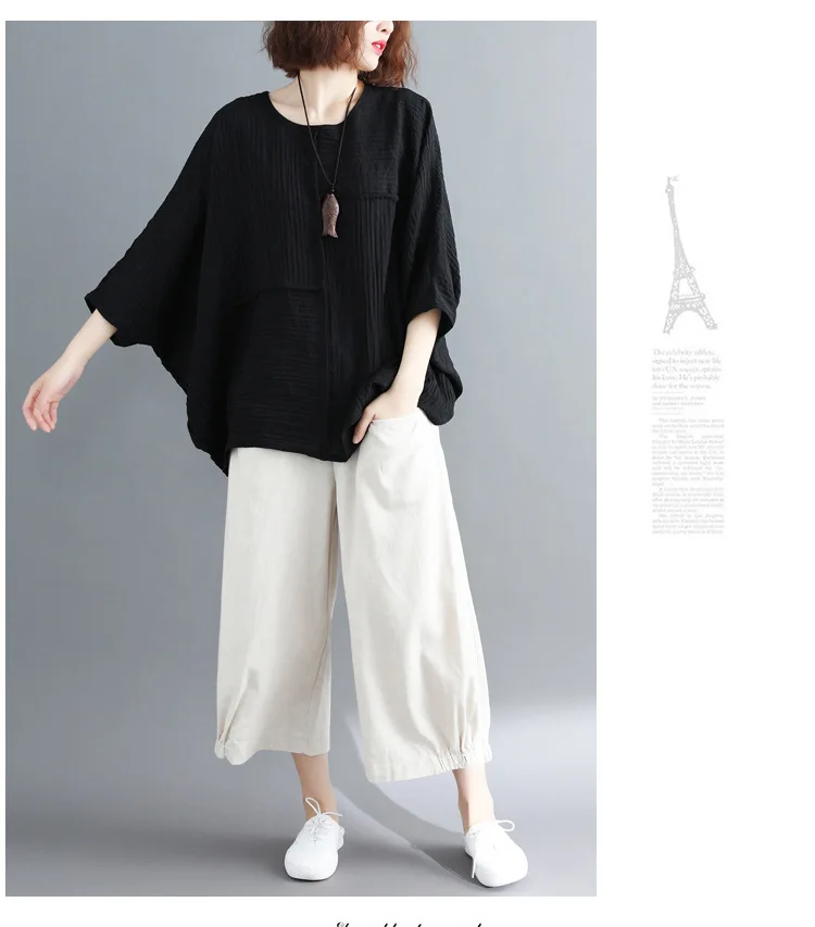 LZJN Summer Women Fashion Shirt Solid White Black Color Oversize Loose Tops Batwing Sleeve Casual Cotton Linen Blouse Plus Size (17)