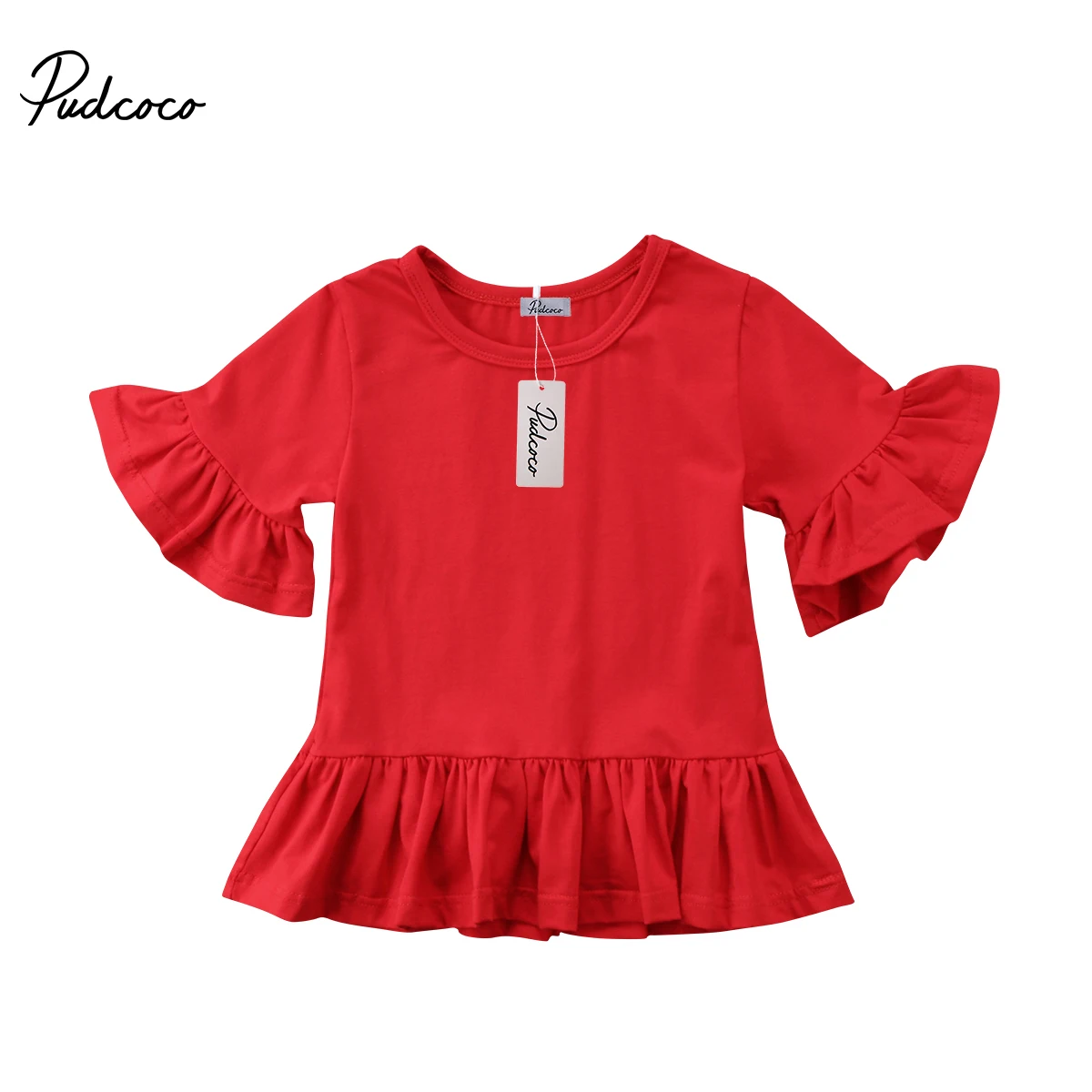 

2018 Lovely Retro Kids Baby Girl Princess Shirts Blouse Solid color Ruffle Summer Clothes Long Petal Sleeve Toddler Blouses 2-7T