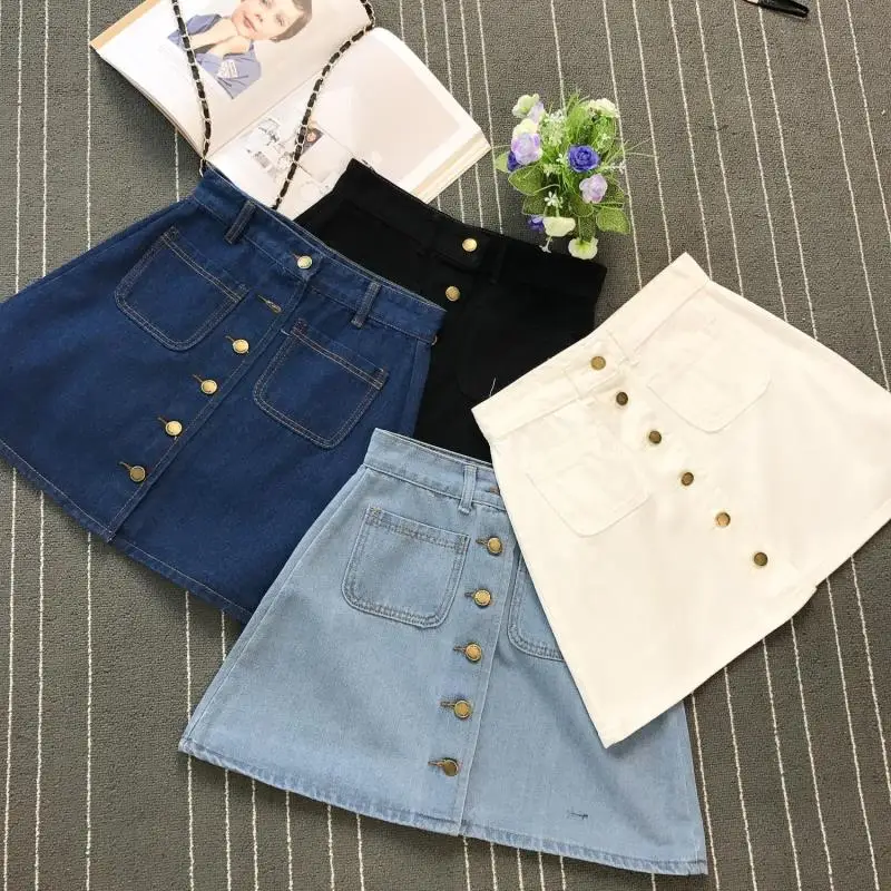 

On sale 2019 summer Womens ladies A-line Jeans short Skirt Button High Waist Denim pockets Skirt harajuku mini high quality jean