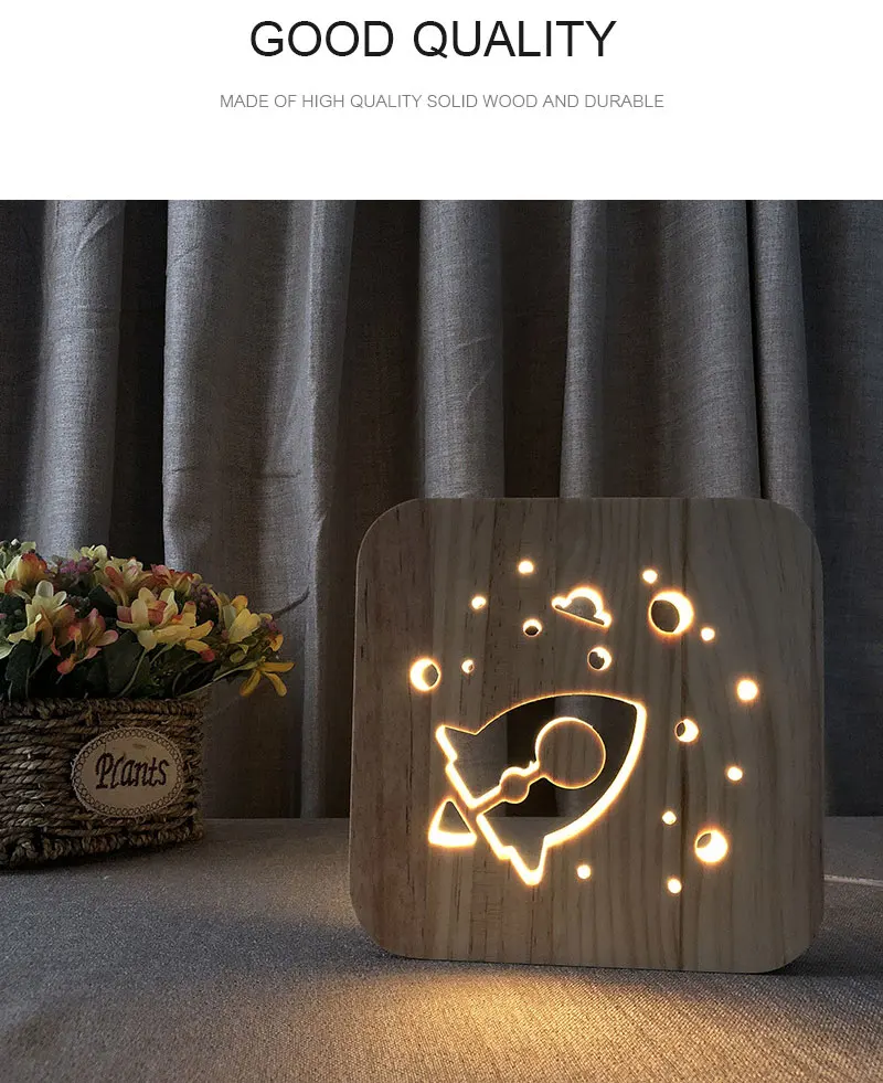 Creative Wooden Night Light 3D Rocket Shadow Nightlight USB Desk Table Lamp Bedside Lamp For Baby Kids Gift Wood Decorative Lighting (1)