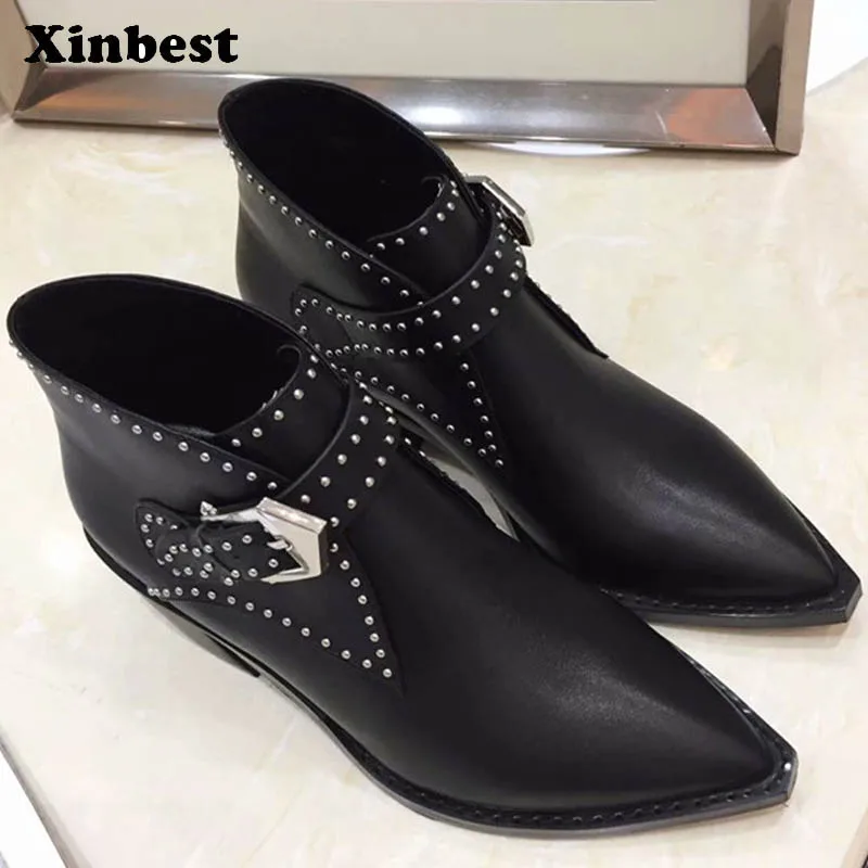 

Xinbest Women Boots Pointed Toe Women High Heel Shoes Square heel Womens Winter Boots Genuine Leather Ankle Boots For Women