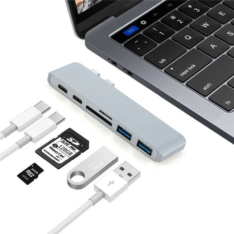 

Type C HUB Spliter Adapter 6 in 1 Aluminum Connector for MacBook Pro 13 15 40Gbs Thunderbolt 3 4k Card Reader 2 USB 3.0 Ports