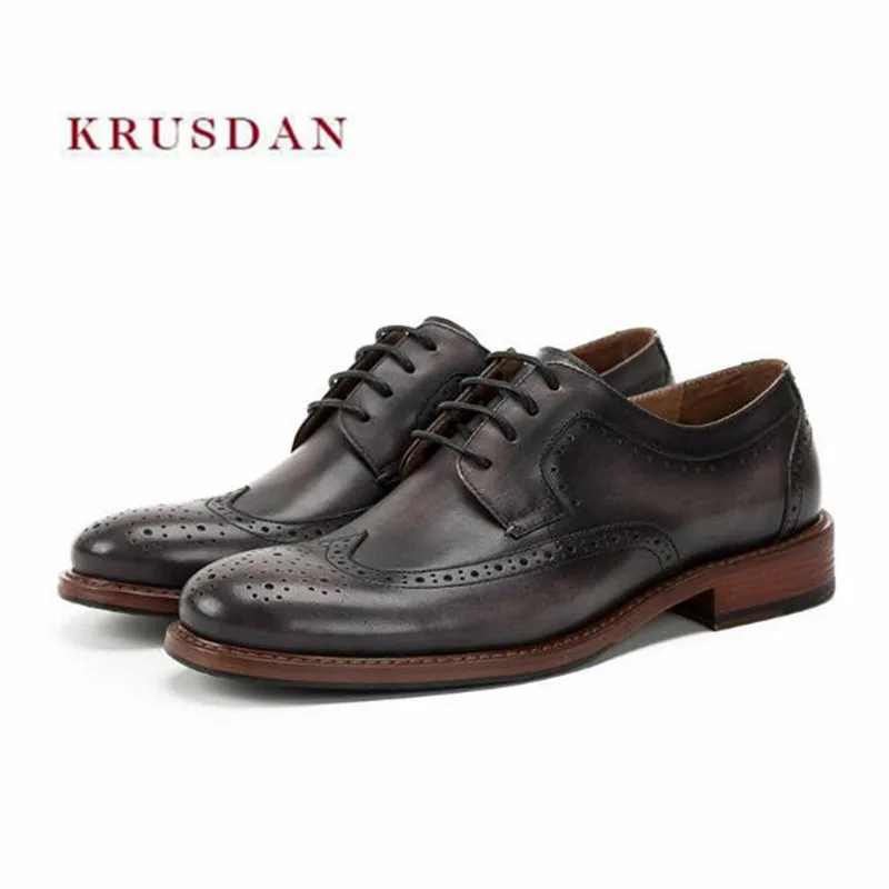 

KRUSDAN Handmade Men Shoes British Style Carved Genuine Leather Brogue Retro Dress Shoes Men's Lace Up Flats Gentleman Oxfords