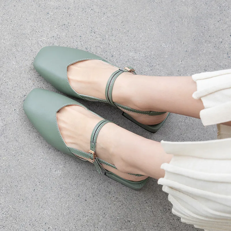 

YMECHIC Green Beige Narrow Band Summer 2019 Square Toe Chunky Heels Mary Jane Buckle Woman Shoes Slingbacks Pumps Bigs Size