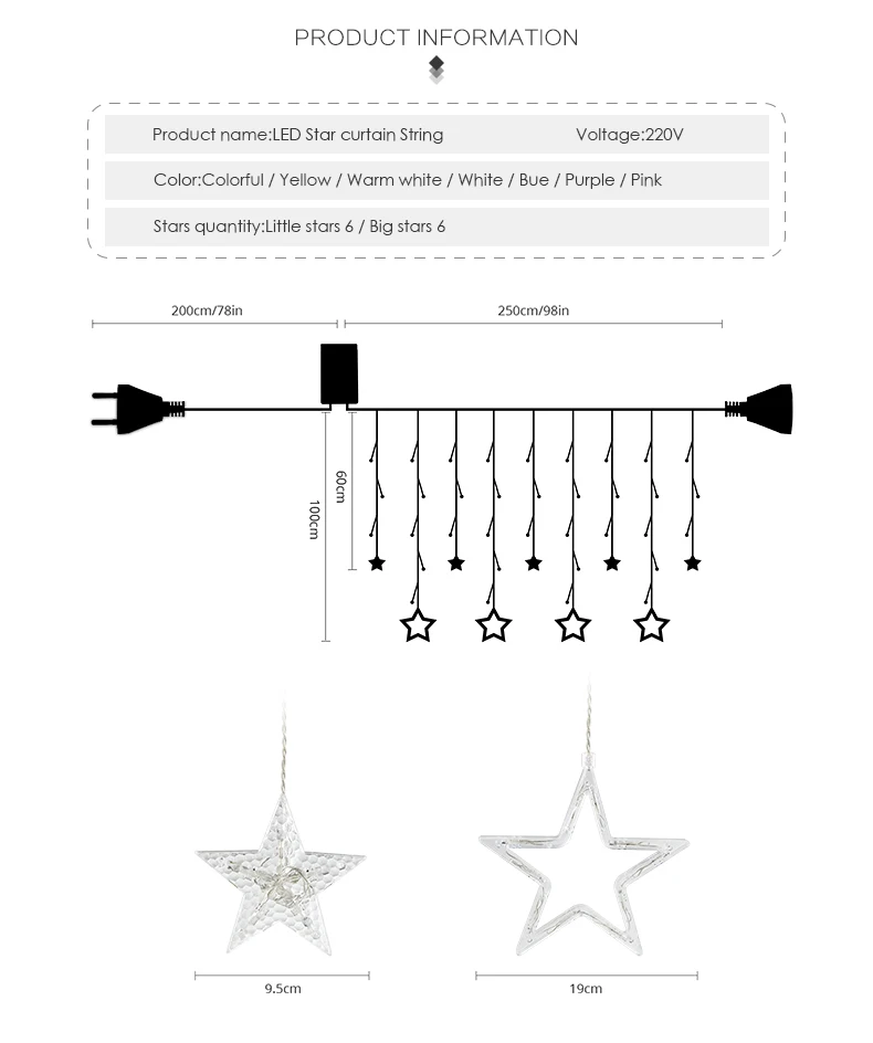 8 футов светодиодный светильник-гирлянда с европейской вилкой, 220 В, гирлянда для занавесок, романтическая сказочная звезда, guirlande lumineuse, рождественские, свадебные, вечерние, для дома