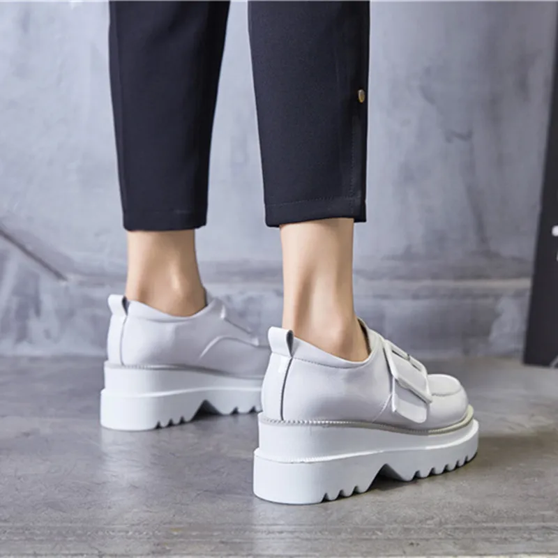 Women's Pumps Genuine Leather Shoes Woman 2019 Spring Autumn Fashion Buckle White/black Shoes High Heels Platform Ladies Shoe