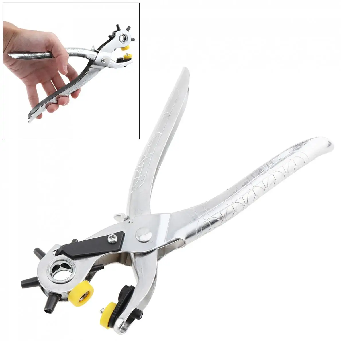 

6 Sized Silver Heavy Duty Revolving Leather Belt Holes Punch Hand Pliers Tool with Eyelets