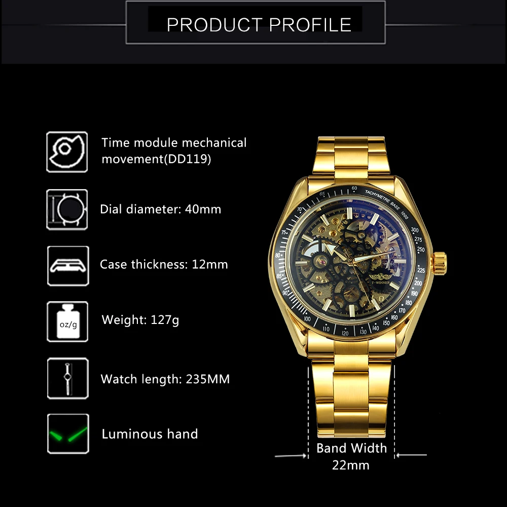 WINNER Golden Watches Men Fashion Business Auto Mechanical Mens Watches Top  Brand Luxury Stainless Steel Strap 2021 Hot Clock