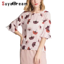 Женская футболка, натуральный шелк, креп, повседневный Топ, половина рукава, принт, рубашка, Blusas femininas,, весна-лето, Новинка