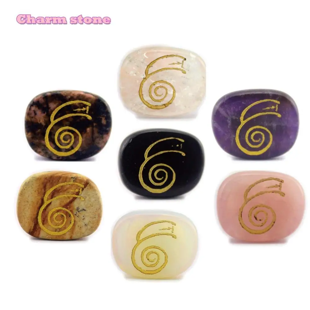 

2019 Hot Energy Treatment Gem 25 * 20 carving Dai Ko Myo Pattern Reiki 7 Color Chakras Gem Stone
