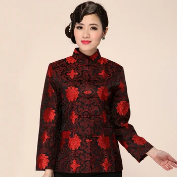 

Black Red Chinese Women Satin Tang Suit Tops Vintage Pattern Jacket Single Breasted Coat Lady Plus Size 3XL 4XL Clothing L6003