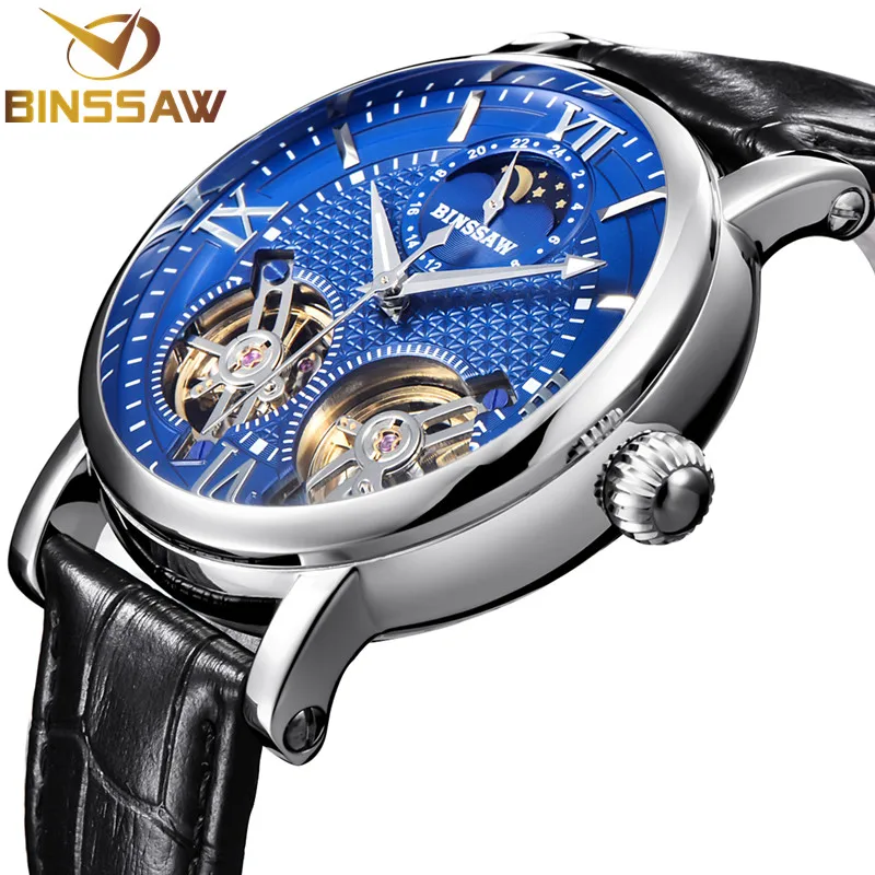 

BINSSAW Doppel Tourbillon Automatische Mechanische Manner Uhr Mode Luxus Marke Leder Edelstahl Uhren Relogio Masculino