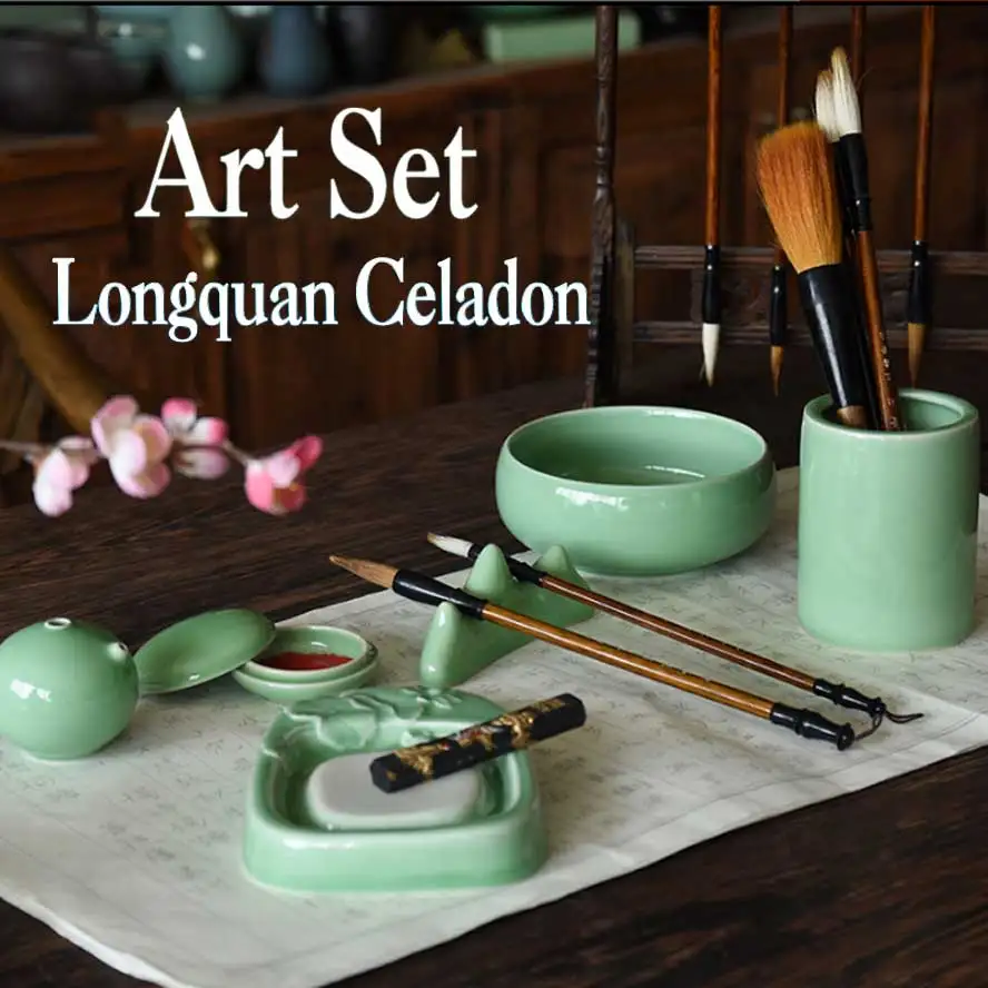 Chinese Ceramic Painting Supplies Art Set Longquan Celadon writing-brush washer Pen Holder Painting brush Art Set Gift