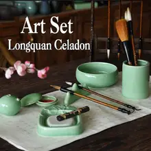 Китайский керамический набор для рисования, Набор для творчества Longquan Celadon, кисть для письма, держатель для ручки, набор для рисования, Набор для творчества, подарок