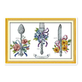 

Beautiful tableware cross stitch embroidery, knife and fork spoon Western tableware handmade needlework restaurant decoration