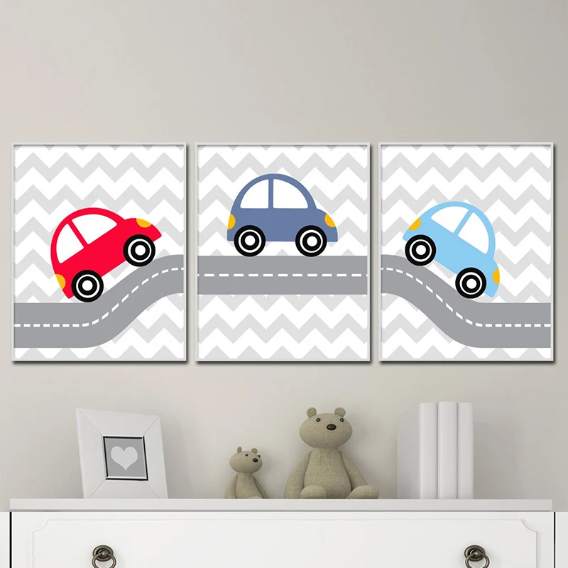 

Kid Room Posters Cartoon Canvas Art Baby Boy Nursery Wall Pictures Car Prints Red Blue Posters Colorful Car Painting for Bedroom