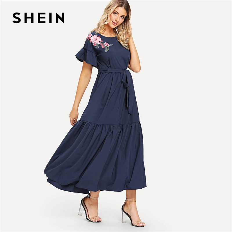 SHEIN Navy Floral Embroidered Applique Self Belted Dress Elegant Ruffle
