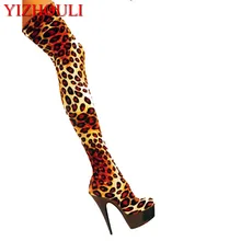 Модная кожаная с леопардовым принтом на высоком каблуке 15 см; пикантные женские ботфорты выше колена на платформе 6 дюймов; пикантные сапоги