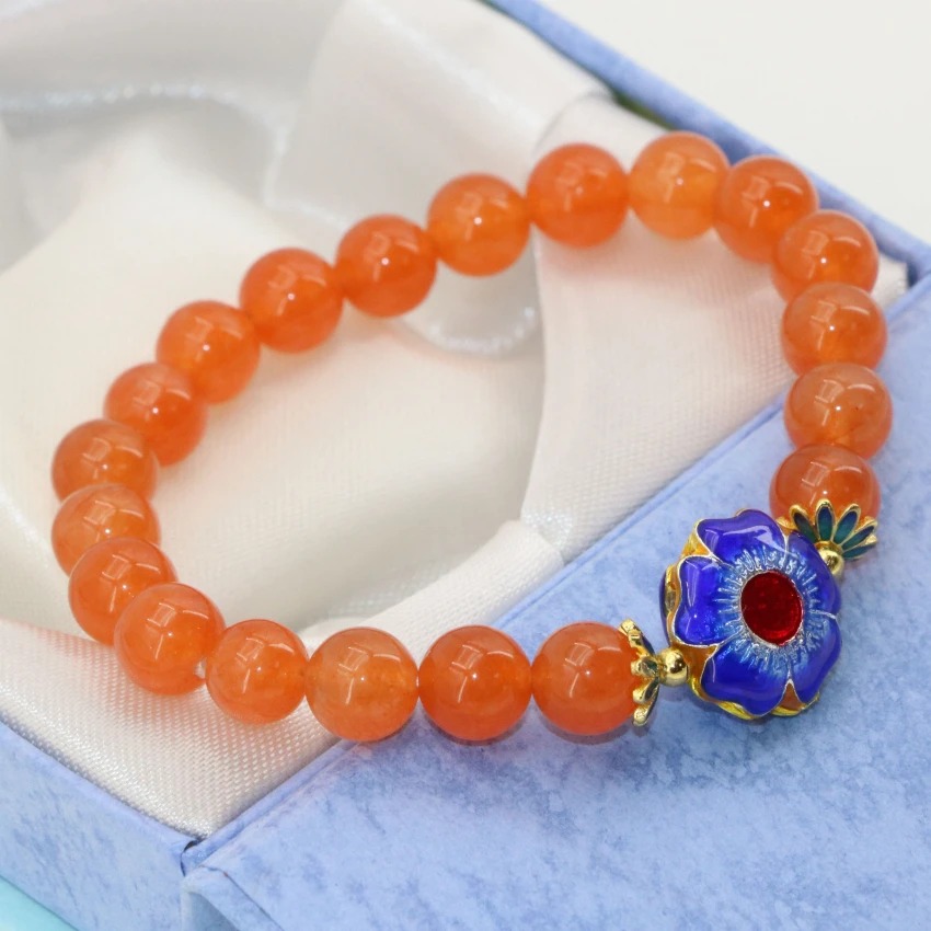 

New cloisonne semi-precious natural stone jades chalcedony 8mm round orange beads bracelets for women fine jewelry 7.5inch B2686