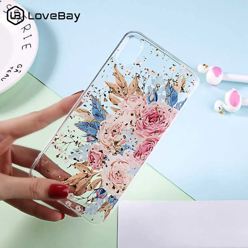 

Lovebay Gold foil Epoxy Phone Cases Cover For Iphone XS Max XR X 8 7 6 6S Plus Bling Glitter Flower Transparent Back Cover Case