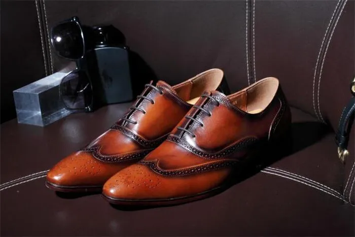 Модные коричневые ручной Гуди Brogue резные мужские туфли Goodyear с острым носком на шнуровке кожаные туфли-оксфорды в британском стиле обувь в