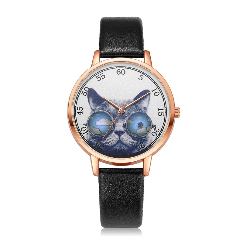 

Women Quartz Watch PU Leather Strap Cat Animal Pattern Round Dial Girl Casual Analog Wristwatch LXH