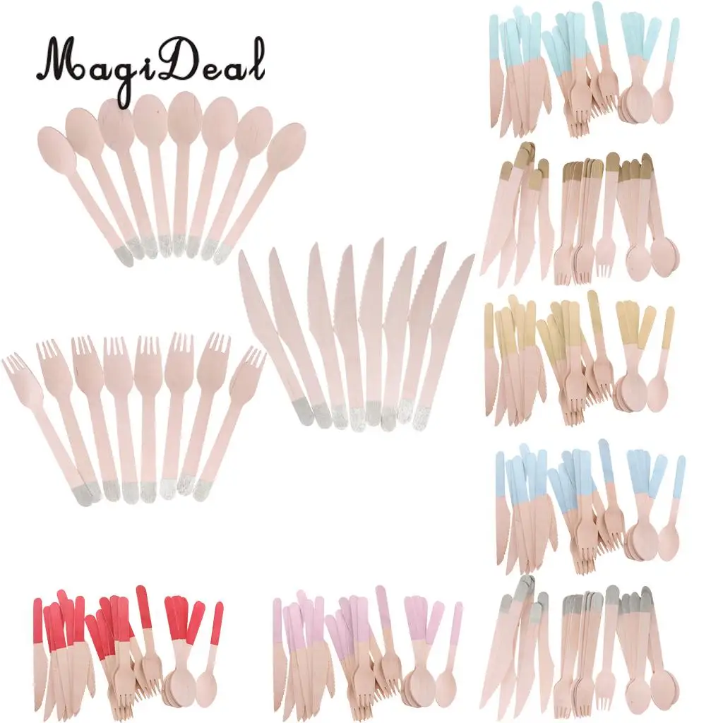 24pcs/Set Disposable Wooden Utensil Forks Spoons Knives Cutlery Set Wedding Birthday Party Tableware Serveware