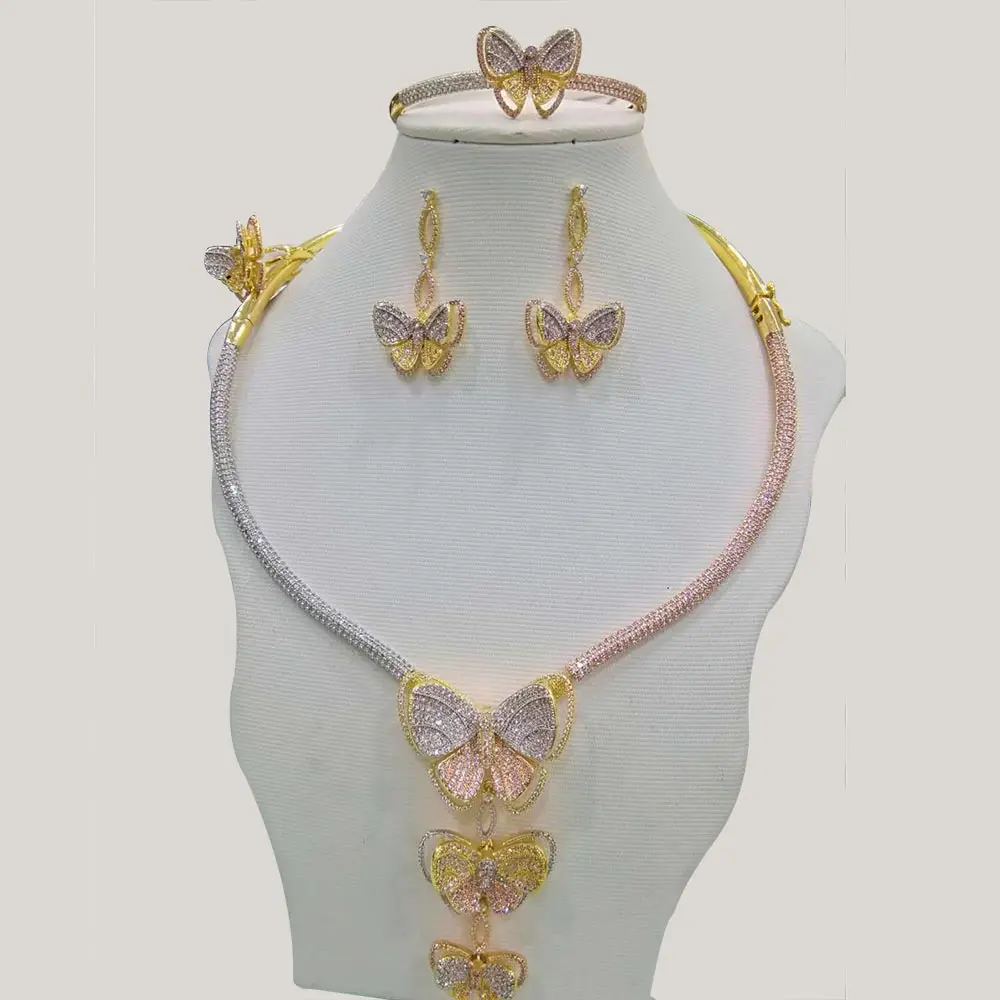 GODKI Butterfly Insect Luxury Women Wedding Naija Bridal Cubic Zirconia Necklace Earring Ring BangleDubai Dress Jewelry Set