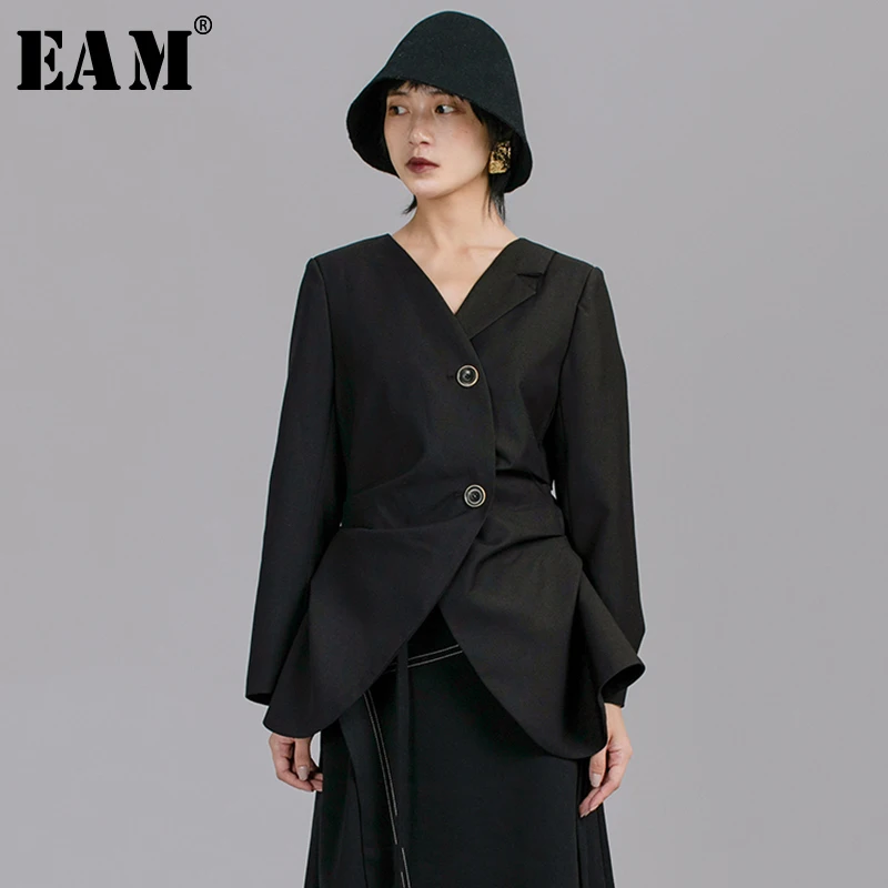 

[EAM] 2019 New Autumn Winter Lapel Long Sleeve Black Fold Irregular Split Joint Loose Jacket Women Coat Fashion Tide JX137