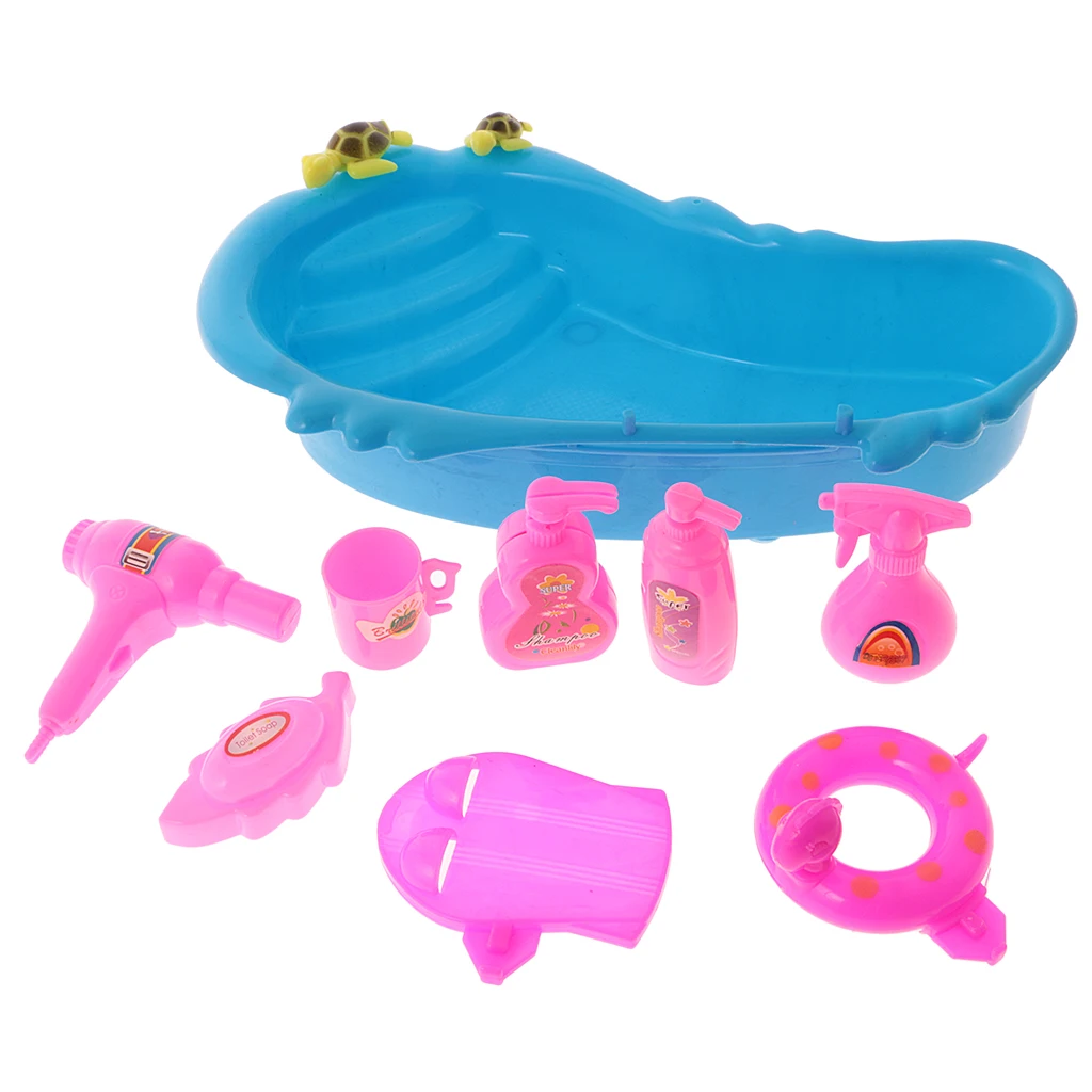 9Pcs Dollhouse Bathtub & Bath Supplies Set for Bathroom Accessories Doll Bathing Pretend Play Set Game Toys
