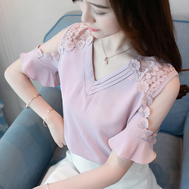 

2019 Chiffon Blusas Floral Shirts Womens Elegant Open Shoulder Blouses Women flower embroidery Plus Size Female Tops 662i3