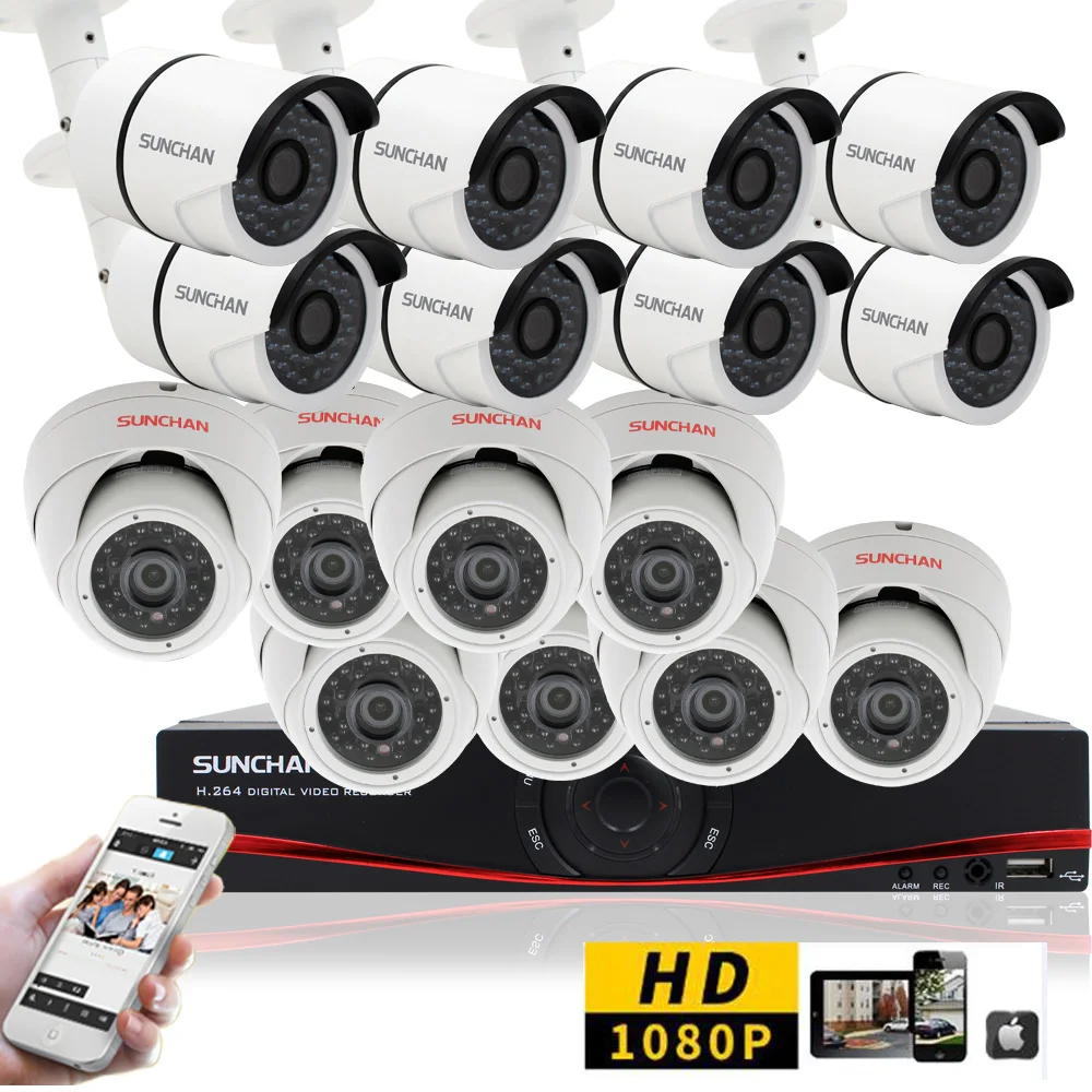 SunChan 16CH CCTV System 1080P HDMI AHD 16CH DVR 2.0 MP IR In/Outdoor Security Camera 3000TVL Camera Surveillance System
