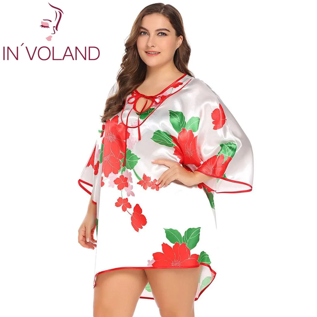 IN'VOLAND женское платье для сна размера плюс 5XL Lounge на шнуровке с цветочным принтом, свободная атласная ночная рубашка с асимметричным подолом