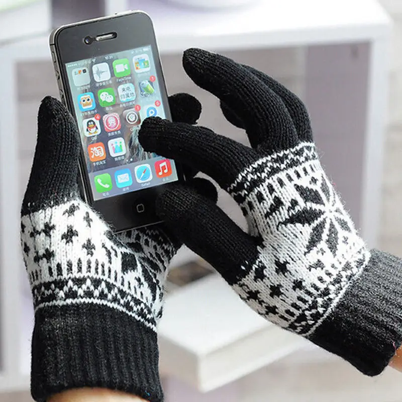 Горячая Рождественская теплая Зимние перчатки Снежинка Печатный трикотажные Сенсорный экран перчатки Для мужчин Для женщин перчатки