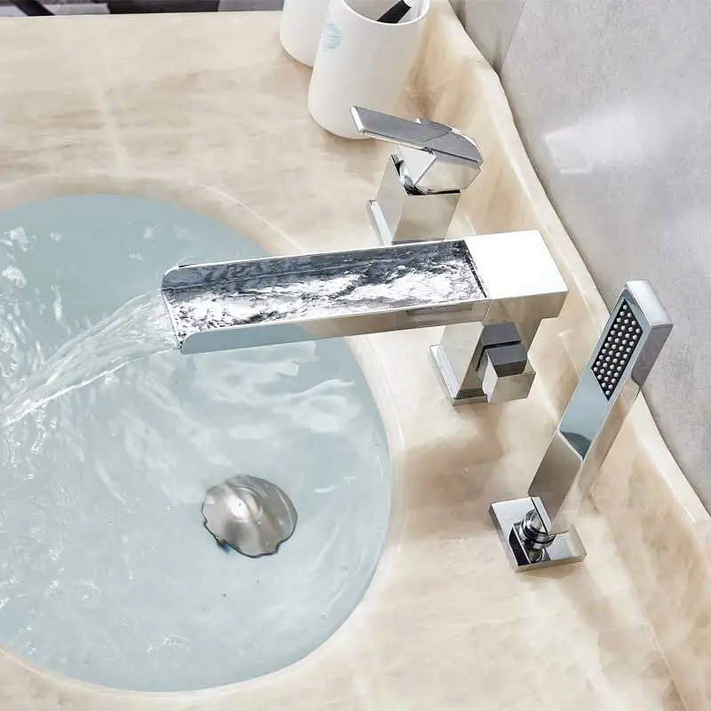 Широко распространенный ванная комната кран для ванны раковины с одной ручкой смесители для ванной с ручной Душ латунь длинный смеситель для раковины Смеситель для ванной - Цвет: Chrome
