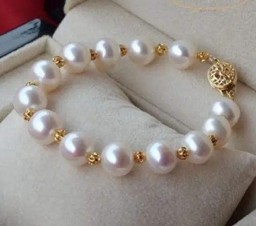 

HUGE NATURAL 11-12MM ROUND SOUTH SEA GENUINE WHITE PEARL BRACELET 14K GOLD CLASP