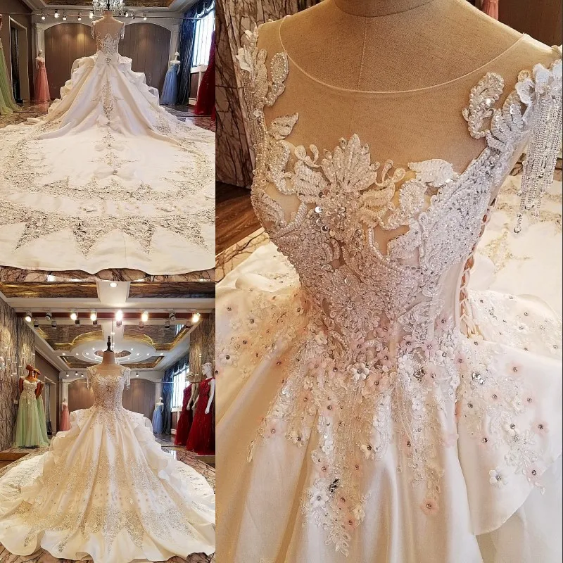 

Backlake gorgeous ivory bride dress 3D flower beaded sleeve dress lace wedding dress vestidos de noivas retro trailing