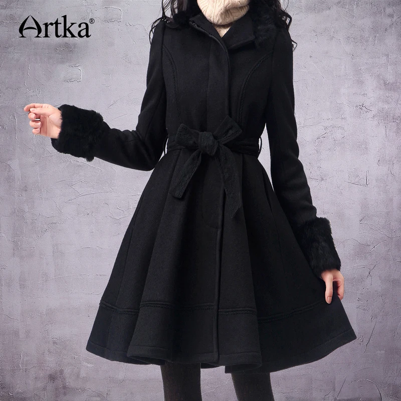 ARTKA Женское шерстяное пальто зима 2018 длинное пальто с поясом корейское меховое пальто женское Шерстяное Пальто Брендовая верхняя одежда