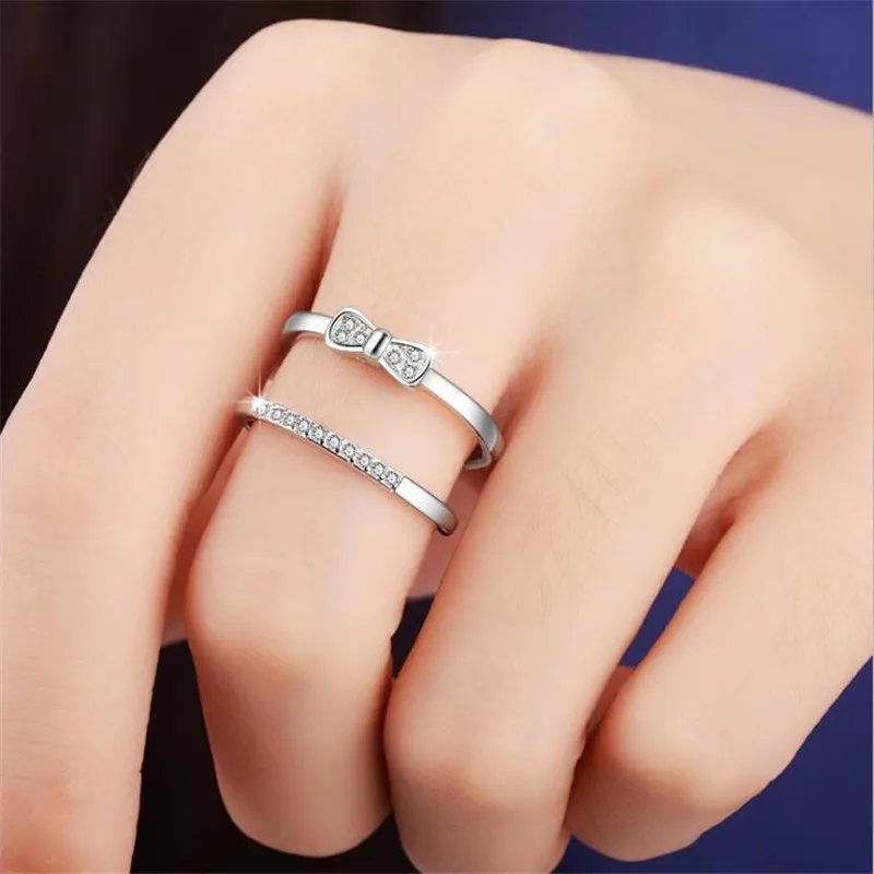 

New Fashion Jewelry Double-layer Bow 925 Sterling Silver Simple Personality Crystal Bowknot Temperament Opening Rings R310