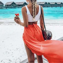 Женская весенне-летняя богемная сексуальная пляжная юбка с высоким разрезом спереди и оборками, праздничная длинная юбка с бантом B01SK487B