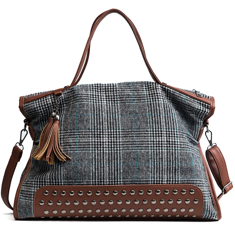 

Women Tassel Plaid Top-handle Handbags Fashion Motorcycle Messenger Bag Shoulder Bag 2018 Casual Large PU Leather Rivet Tote Bag